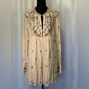 NWT Free People Cream Embroidered Long-Sleeve Boho Tunic Dress